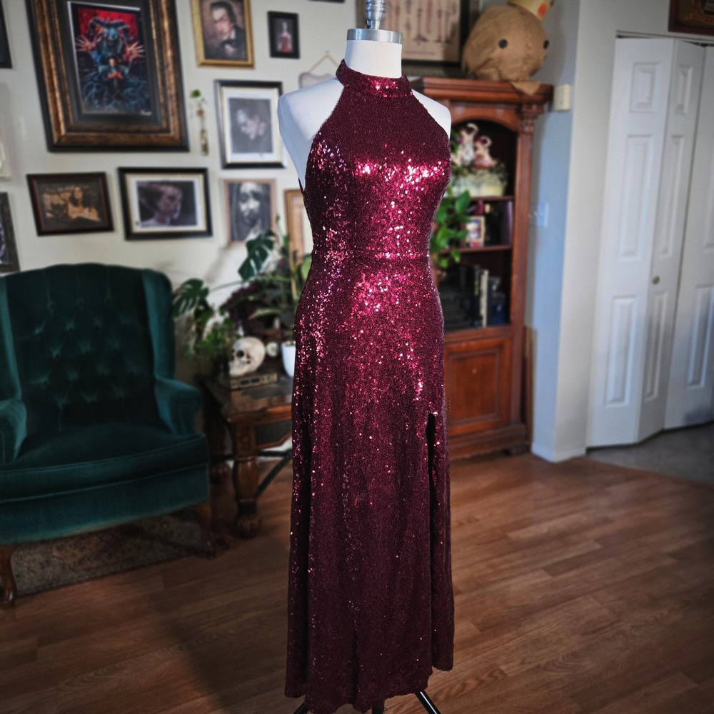 Revelry Sparkly Burgundy Sequin Halter Neck Gown High Slit Formal Evening Dress